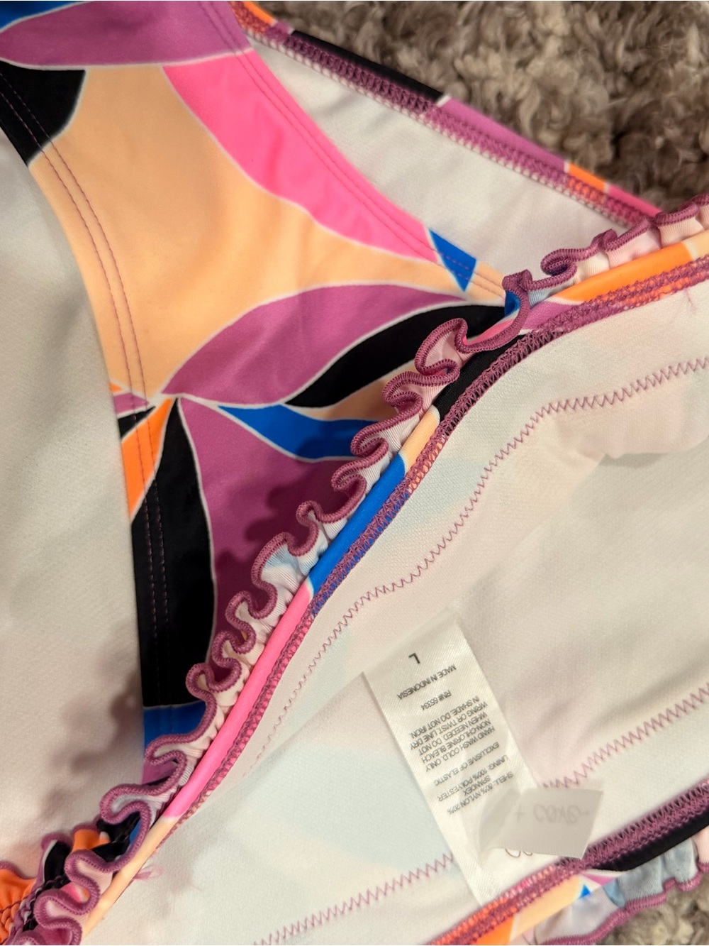 Macy's Pink Orange Blue Abstract Ruffle Bikini Set - Picture 7 of 9